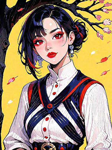 Artistic Portrait of Asian Woman in Patterned Outfit