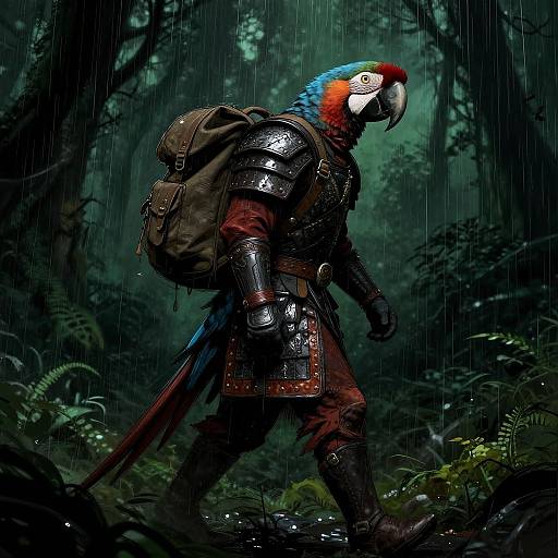 Digital artwork of a blue and red macaw warrior in medieval armor, carrying a backpack, walking in a rainforest under rain. Dark, moody