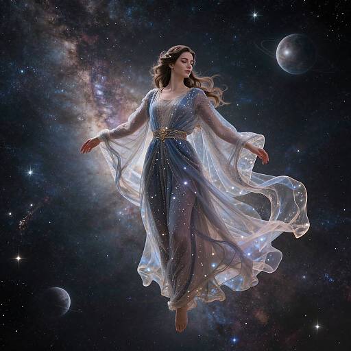 Digital art of a fair-skinned, brunette woman in a flowing, sparkling blue gown, floating in space with galaxies and planets.
