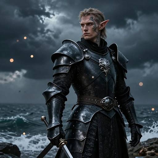 Photorealistic digital artwork of a stern, blonde, elfish warrior in dark, polished armor, standing by a stormy ocean with waves crashing,