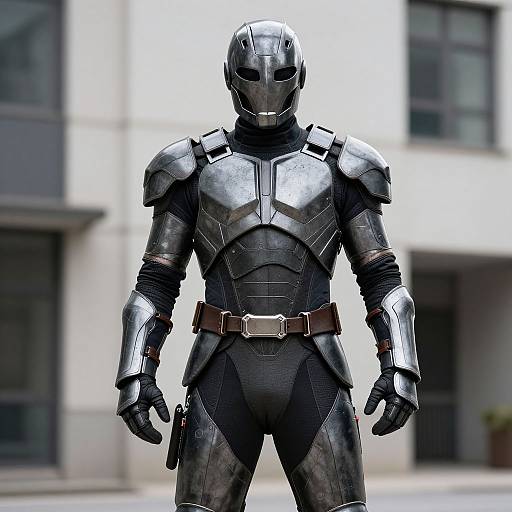 Photorealistic CGI of a silver armored superhero with a black helmet, chest plate, and belt standing in front of a modern building.