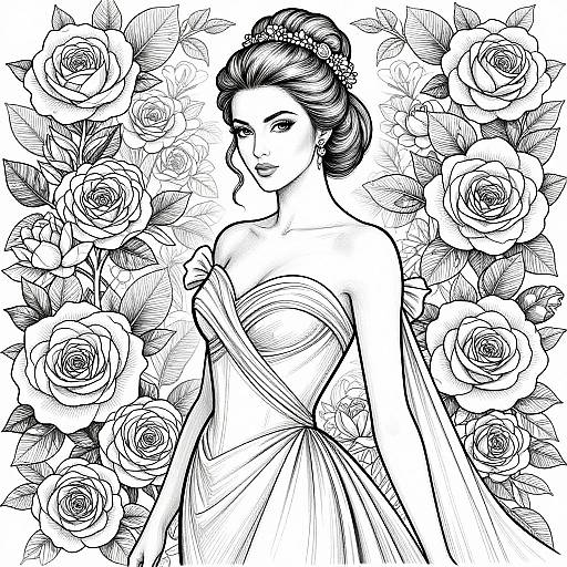 Black-and-white ink drawing of a beautiful woman with an elegant updo, wearing a strapless, flowing dress, surrounded by detailed roses.