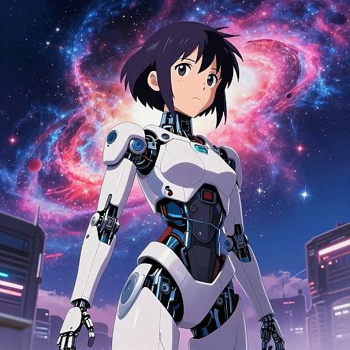 Anime-style digital artwork of a serious female cyborg with short black hair, white and black futuristic armor, standing against a vibrant, cosmic galaxy background with