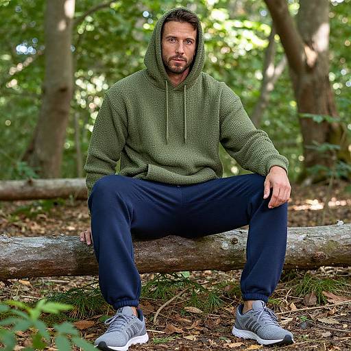 Photograph of a bearded man with short brown hair, wearing an olive green hoodie, navy pants, and gray sneakers, sitting on a fallen log
