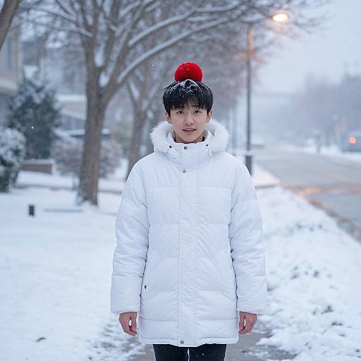 Photograph of an Asian teenage boy in a white puffy winter coat and red pom-pom hat, standing on a snowy street. Snow-covered trees