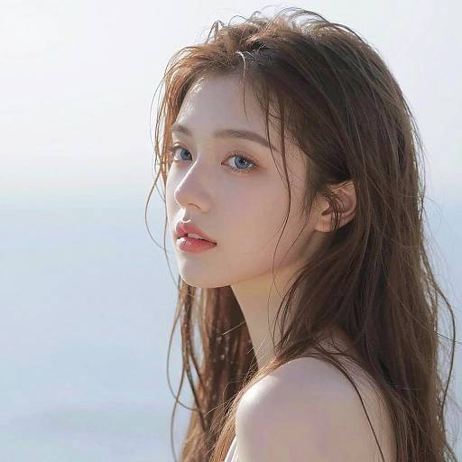 Photograph of a young, fair-skinned woman with long, wet, brown hair and blue eyes, gazing softly to the side against a bright