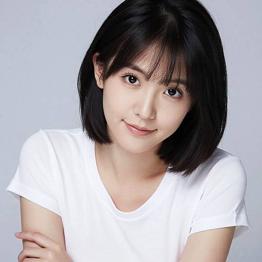 Photograph of a young Asian woman with straight black shoulder-length hair, wearing a white t-shirt, smiling softly, arms crossed.