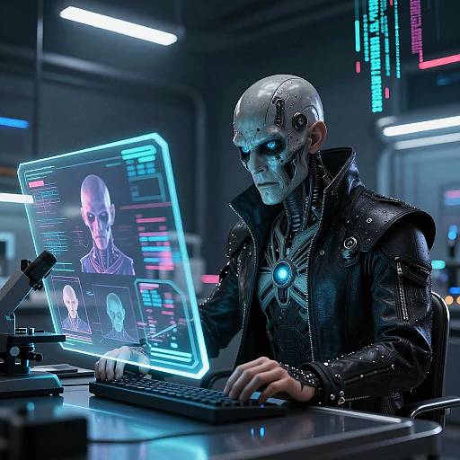 Cyberpunk scene: robotic humanoid with white face, glowing blue eyes, black leather jacket, working on a neon-lit computer in a futuristic lab