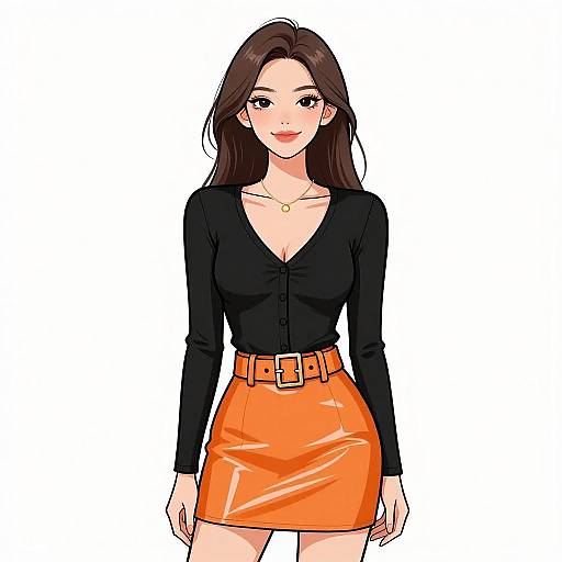 Digital anime-style drawing of a confident woman with long brown hair, wearing a black long-sleeve top and orange high-waisted skirt with a