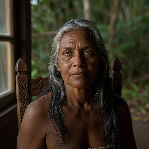 Photograph of an elderly, topless woman with long, gray-black hair, deep wrinkles, and dark skin, seated indoors against a forest backdrop,