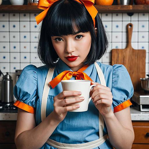 Photograph of an Asian woman with black bob haircut, red lipstick, blue puffy-sleeve dress, orange bow, holding white mug in kitchen