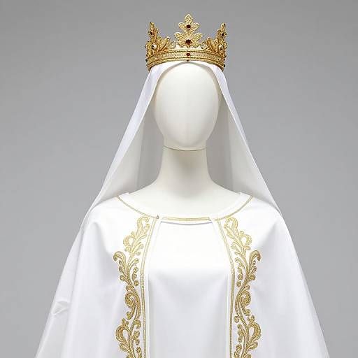 Photograph of a faceless, white mannequin wearing an ornate gold crown and white, embroidered robe with a flowing veil.
