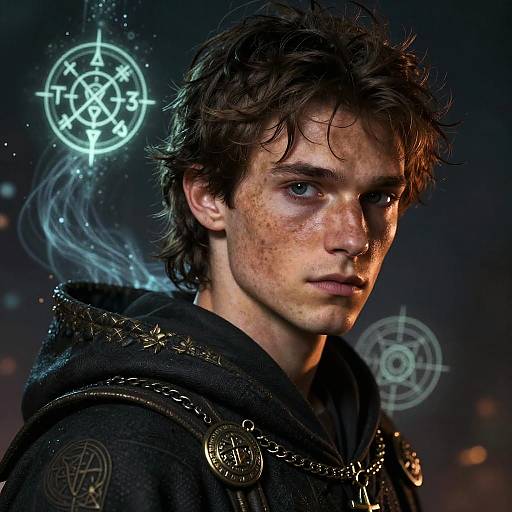 Digital artwork of a young, freckled man with tousled brown hair, wearing a dark, ornate cloak, against a mystical, glowing background