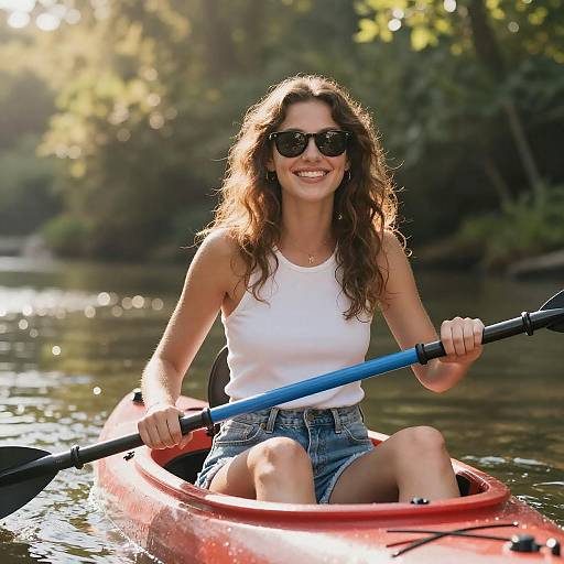 Joyful Woman Kayaking in Sunlit River