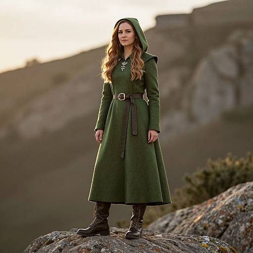 Photograph of a young woman with long wavy brown hair, standing on a rocky ledge, wearing a green hooded cloak, black belt, and