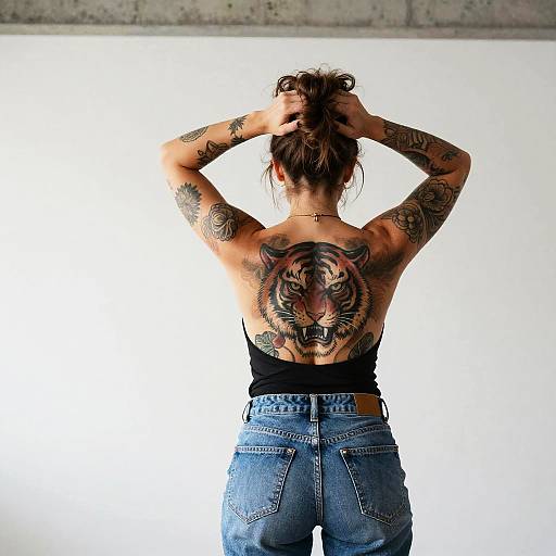 Tattooed Woman with Fierce Tiger Design
