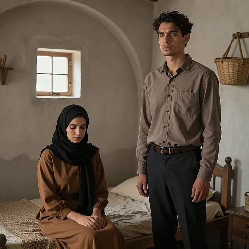 Serious Couple in Rustic Room