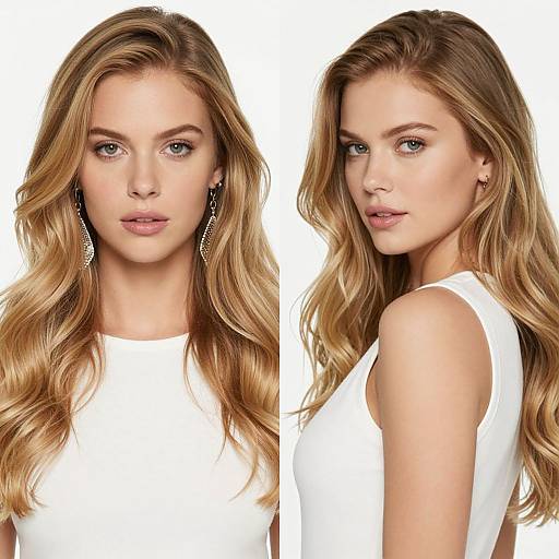 Photograph of a blonde woman with wavy hair, wearing a white top, in two poses against a white background, showcasing her blue eyes and elegant