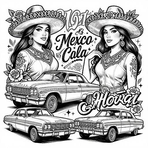 Black-and-white digital drawing of two Latina women with large hats, floral dresses, and star-shaped earrings, standing beside vintage cars, with 