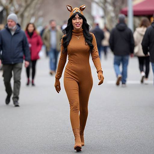 Photograph of a confident woman with long black hair, wearing a tan, form-fitting, long-sleeve bodysuit and matching headband