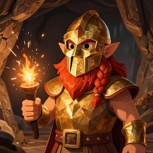 Digital art of a red-bearded, elf-like warrior in golden armor holding a lit torch, standing in a dark, rocky cave.