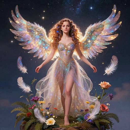 Digital illustration of a glowing, ethereal woman with rainbow wings, wearing a shimmering, translucent dress, standing amidst floating flowers and feathers against a star