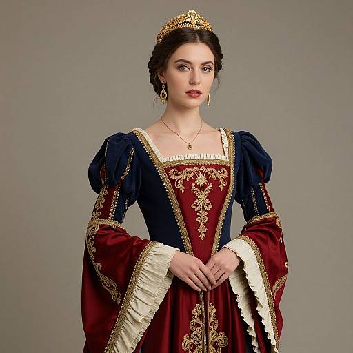Photograph of a fair-skinned woman with dark hair, wearing a gold tiara, navy and red Renaissance-style dress with gold embroidery, and gold