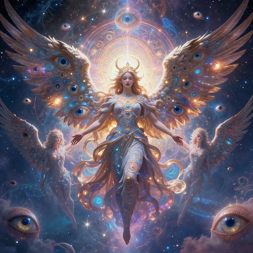 Digital artwork of a radiant, winged goddess with peacock-eye feathers, crowned, in a glowing, ethereal space surrounded by cosmic eyes.