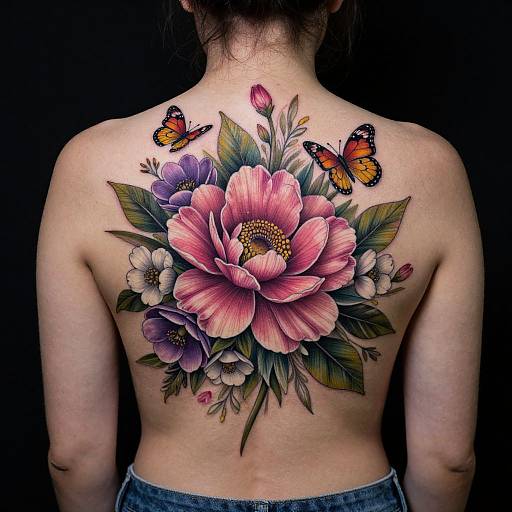 Colorful tattoo of large pink flower, smaller purple flowers, and orange butterflies on a shirtless person's back, against a black background.