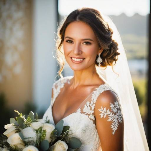 Smiling Bride in White Wedding Dress Holding Bouquet