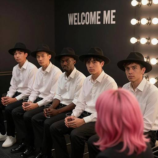 Dramatic Scene with Men and Pink Hair