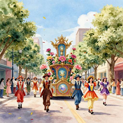 Vibrant street parade illustration: Colorful float adorned with flowers, surrounded by people in traditional, festive attire, under a bright blue sky with trees