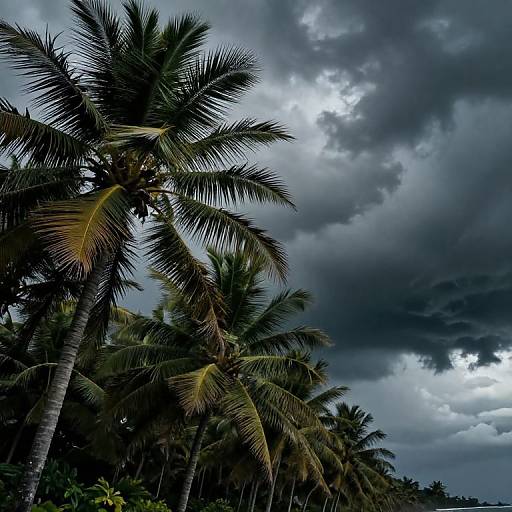 Photograph of tall, dark green palm trees against a dramatic, cloudy sky with heavy, dark gray clouds and patches of bright light.