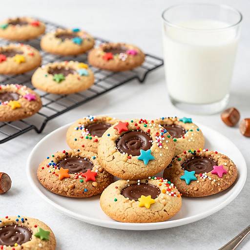 Photograph of colorful star-shaped cookies with chocolate centers and sprinkles, on a white plate and wire rack, beside a glass of milk. Bright,
