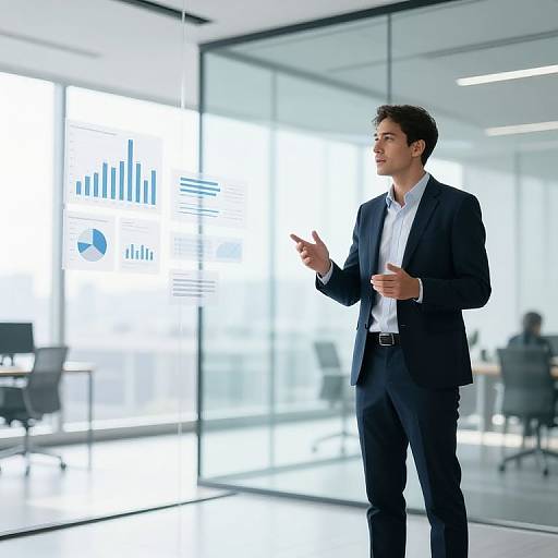 Photograph of a young Asian man in a black suit, white shirt, standing in a modern office, gesturing while looking at a glass-walled