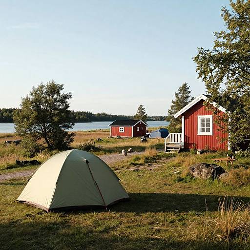 Photograph of a green camping tent in a grassy field beside red wooden cabins, trees, and a lake under a clear blue sky.
