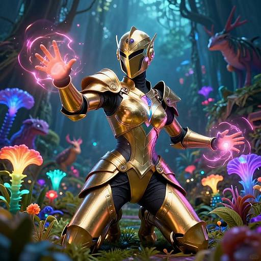 Digital art of a golden-armored knight with glowing purple energy hands, standing in a vibrant, enchanted forest filled with colorful mushrooms and glowing flora.
