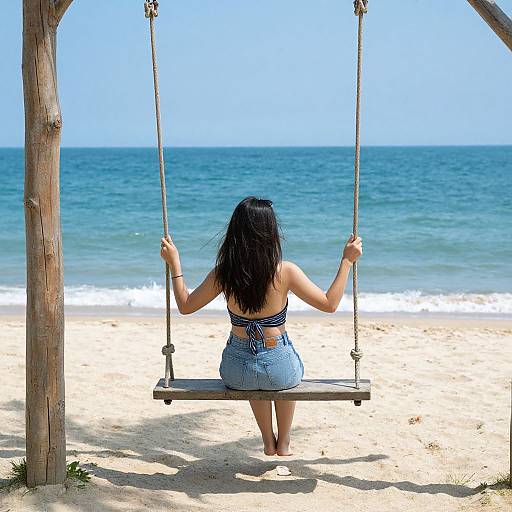 Woman Sitting on Seashore Swing