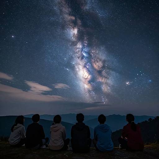 Photograph of five silhouetted people sitting on a mountain, gazing at a breathtaking, star-filled Milky Way galaxy in a dark night sky