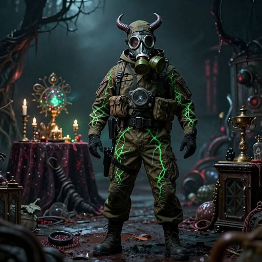 Photograph-style digital art: Dark, eerie forest scene with glowing green lightning cracks on a soldier in gas mask, horned helmet, and tactical gear