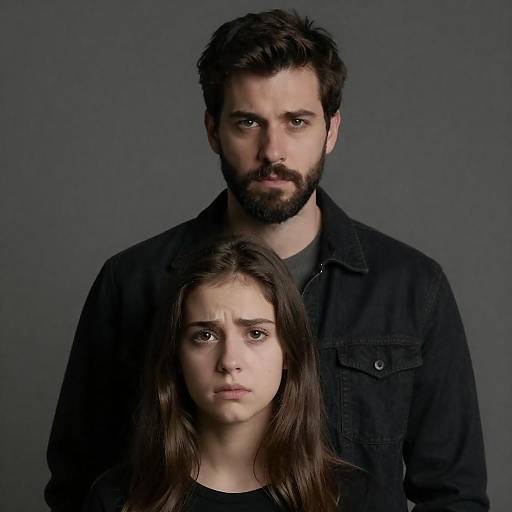 Serious Man Behind Worried Woman Portrait