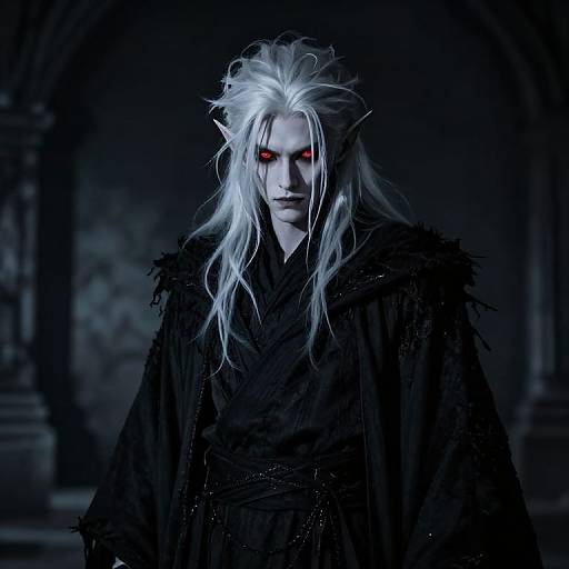 Digital artwork of a pale, white-haired elf with glowing red eyes, wearing a black, fur-collared robe, standing in a dark, go