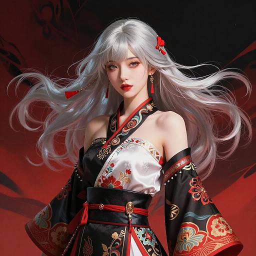 Digital art of a beautiful Asian woman with long silver hair, red hairpin, floral kimono, red and black colors, red background.
