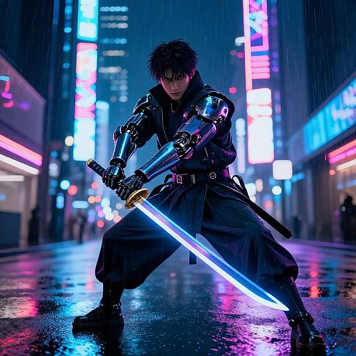 Cybernetic samurai with glowing blue sword, black armor, and spiky hair, stands in neon-lit, rainy urban street at night