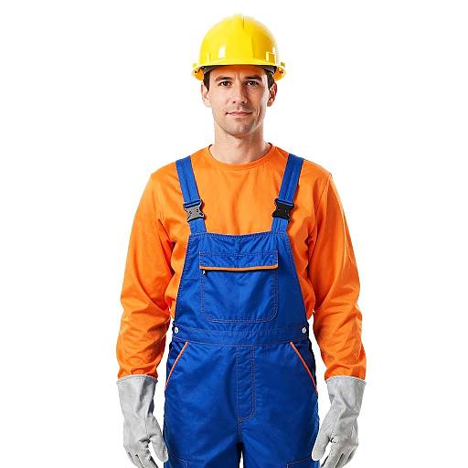 Photograph of a Caucasian male construction worker in a yellow helmet, orange shirt, blue overalls, and white gloves, standing against a white background.
