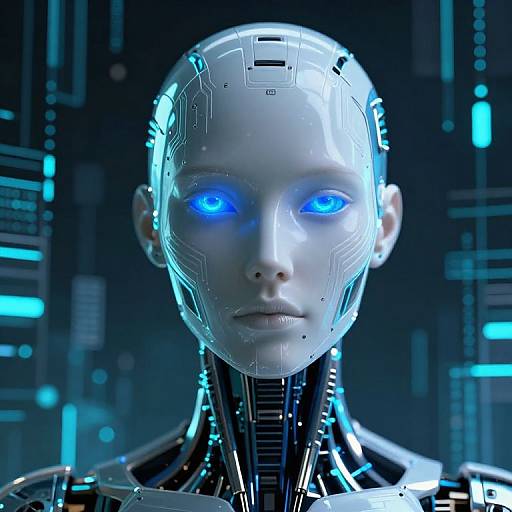 Photorealistic CGI of a futuristic, blue-eyed, silver-skinned humanoid robot with intricate circuitry patterns on its face, set against a dark,