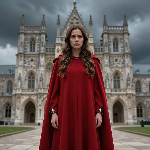 Photograph of a serious young woman with long brown hair in a red medieval-style cloak, standing in front of a Gothic-style cathedral under a cloudy sky