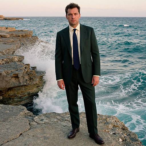 Photograph of a serious-looking man in a black suit, white shirt, and dark tie standing on rocky coastline with ocean waves crashing behind him.