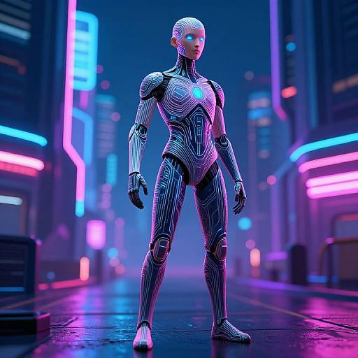 Photorealistic CGI of a futuristic, neon-lit city street featuring a sleek, humanoid robot with blue glowing eyes and intricate, black-and-white striped