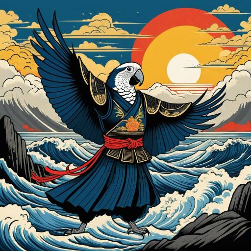 Heroic Parrot Samurai on Rocky Cliff Heroic Parrot Samurai on Rocky Cliff